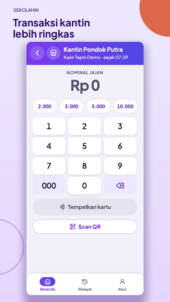 Kasir kantin petugas dengan input nominal dan pilihan kartu atau QR.