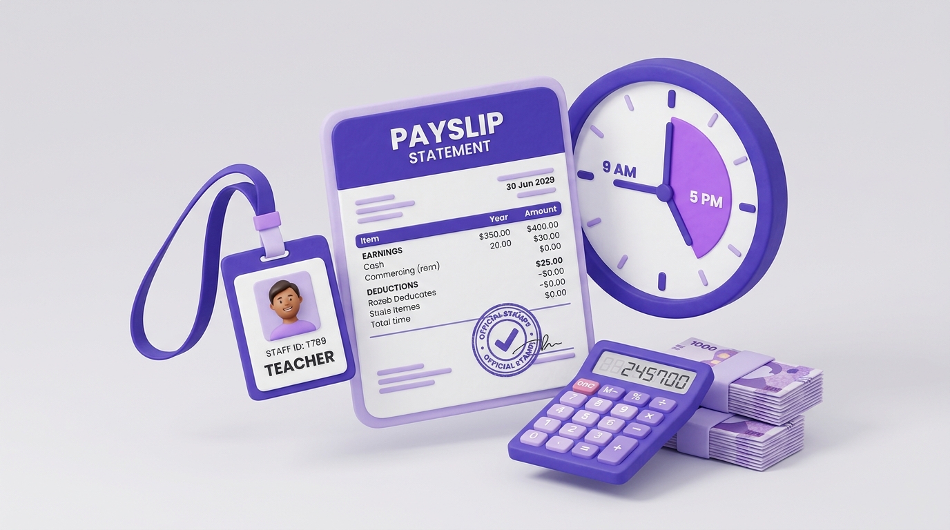 Ilustrasi 3D konsep Manajemen Kepegawaian & Payroll Guru