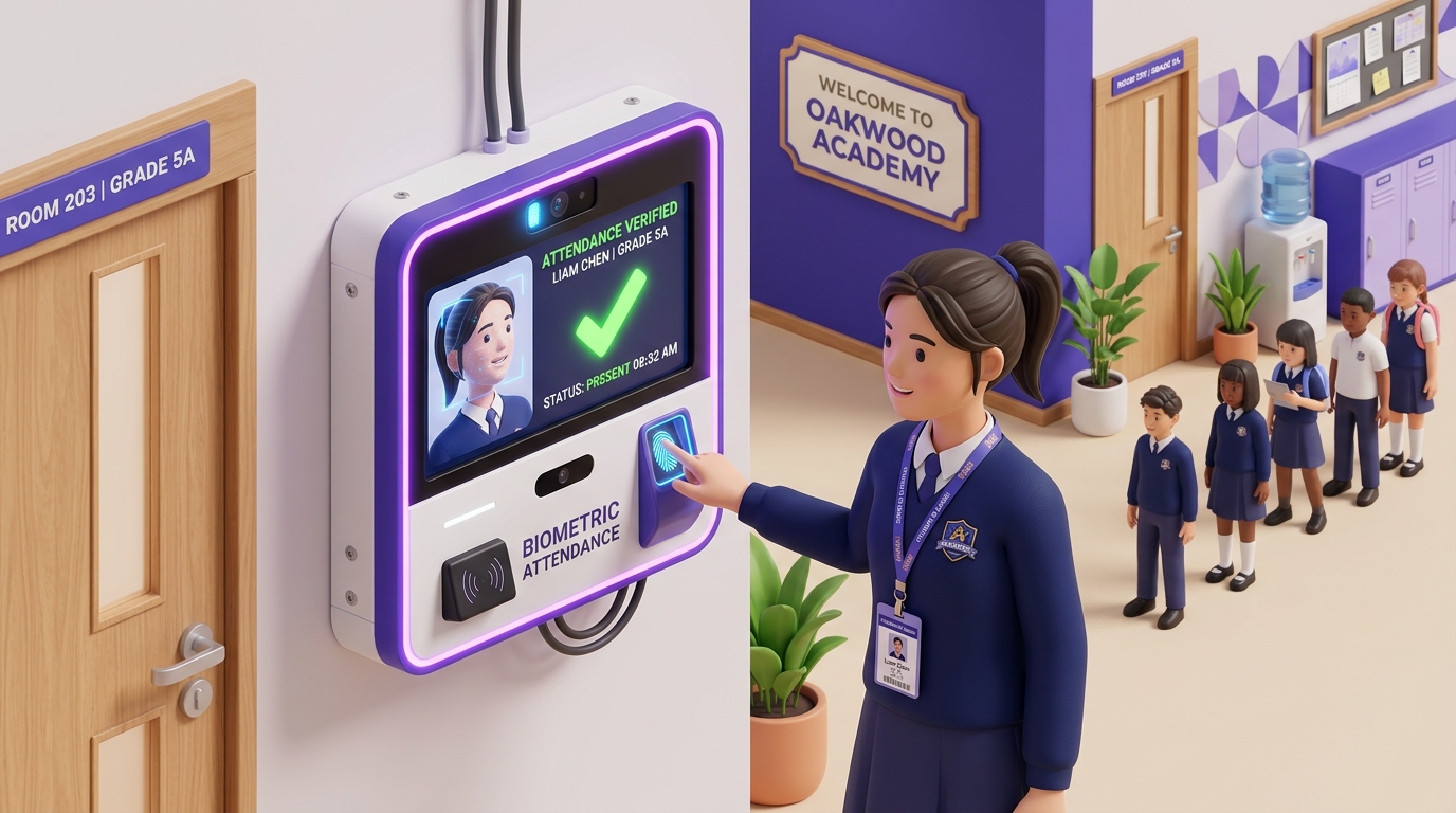 Ilustrasi fitur Presensi Biometrik & AI Wajah